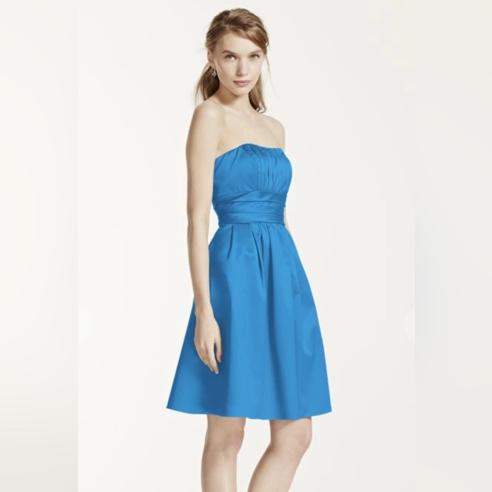 David's Bridal Cotton Sateen Short Strapless Ruched Dress